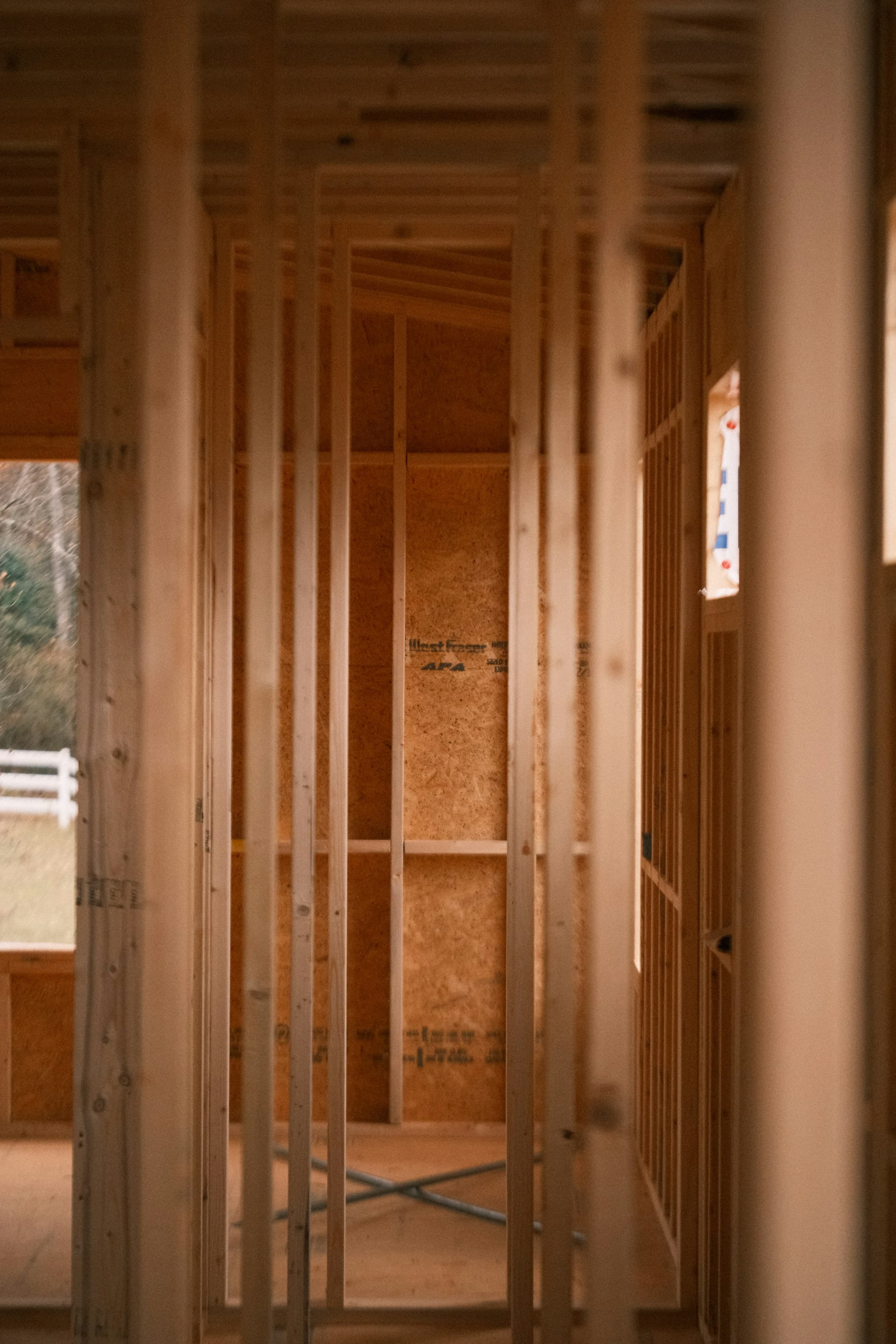 Timber framing seen through a doorway opening, studs and headers in new softwood with sheathing behind, warm daylight coming in from windows on both sides.